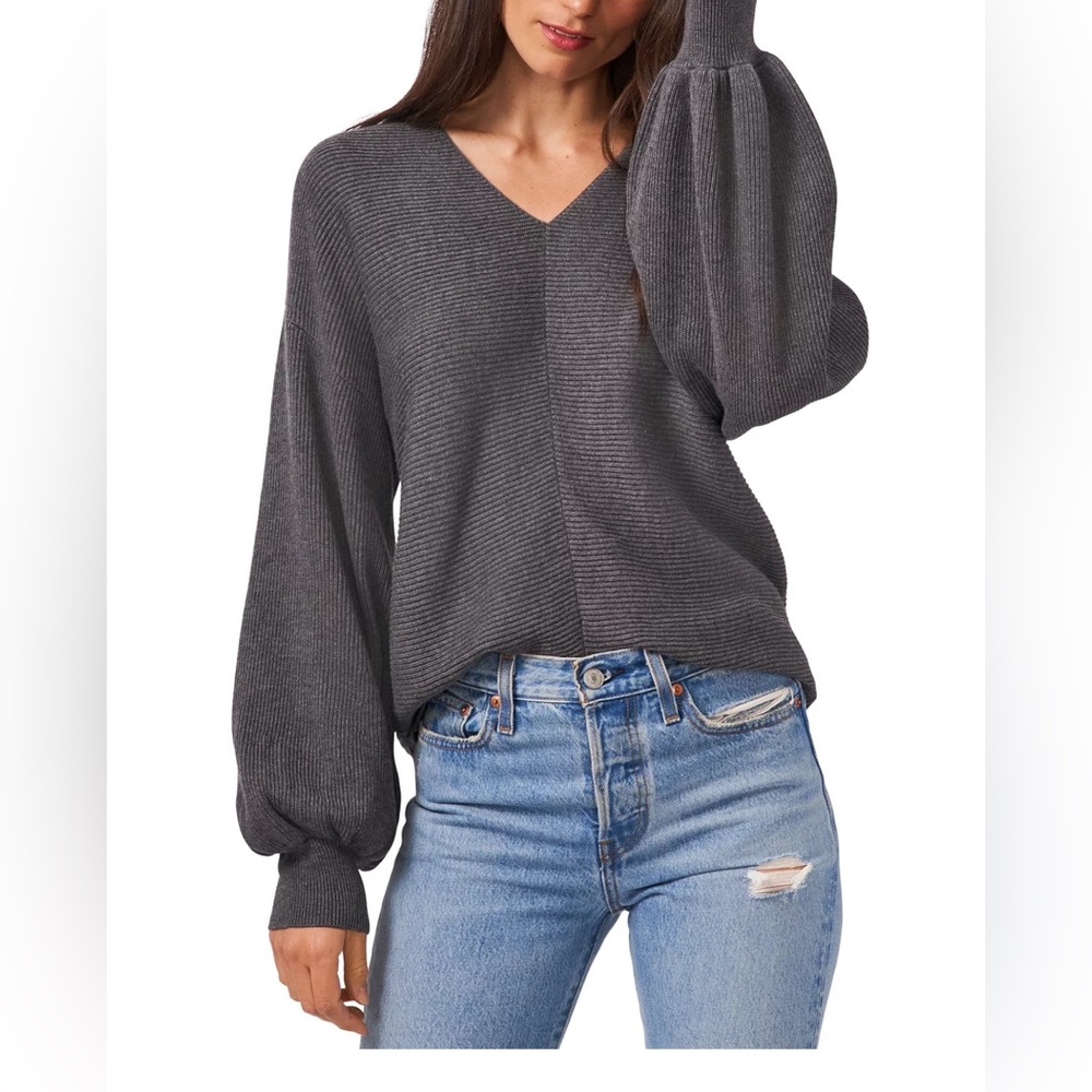 1.State Ribbed Balloon Sleeve Sweater        Size: M. Color: Medium Heather Gray